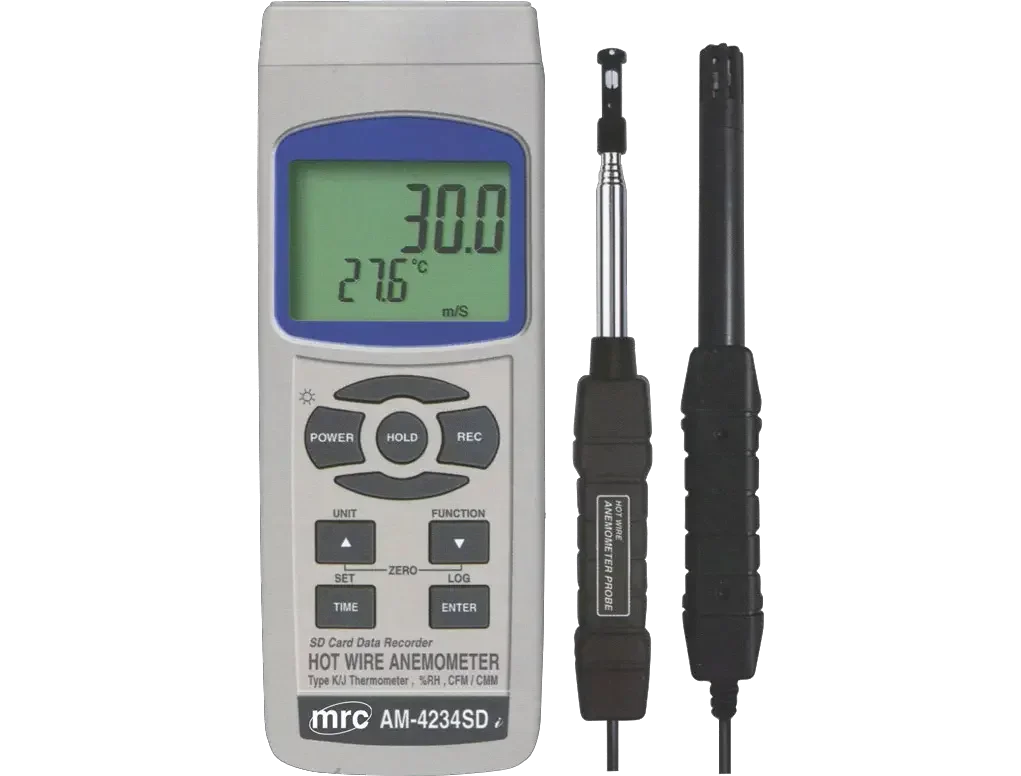 Hot wire ANEMOMETER, wide range+type K/J temp. Air Flow, Humid., Dew point+DataLogger