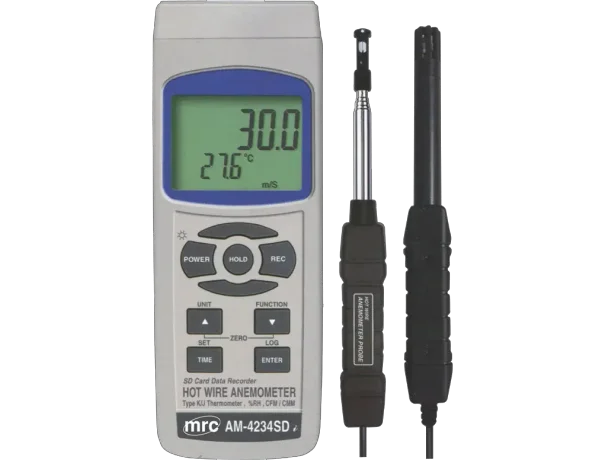Hot wire ANEMOMETER, wide range+type K/J temp. Air Flow, Humid., Dew point+DataLogger